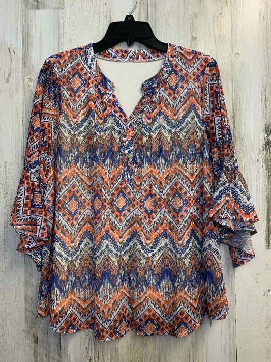 NWT AKEWEI Tops Size L BLU/ORG/WHT CHEVRON 3/4 LENGTH TOP