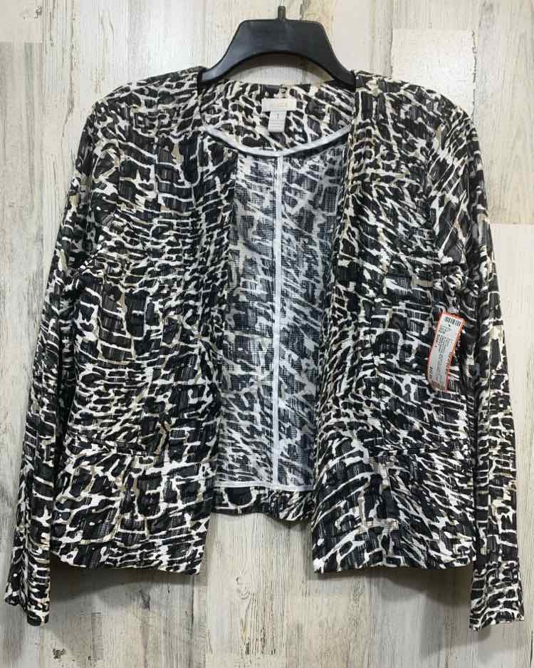 PRE-OWNED CHICO'S Size 1 JACKETS / COATS BLK/WHT/GRY/BGE ABSTRACT OPEN FRONT