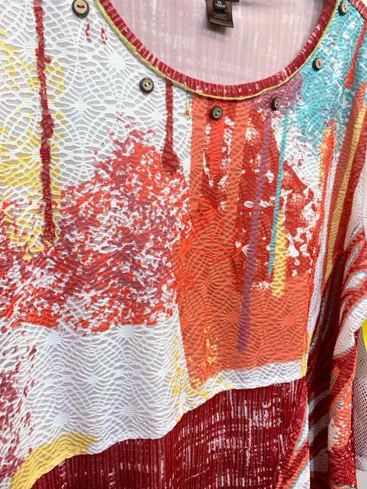 PRE-OWNED MULTIPLES PLUS SIZES Size 1X WHITE/RED/AQUA/YELLOW ABSTRACT Blouse/ABS