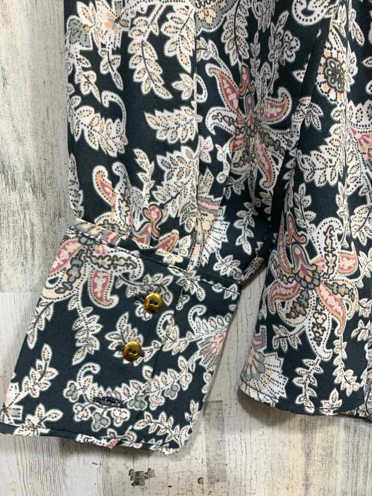 PRE-OWNED LOFT Size M Tops GRN/WHT/PNK SCOOP NECK Floral LONG SLEEVE BLOUSE