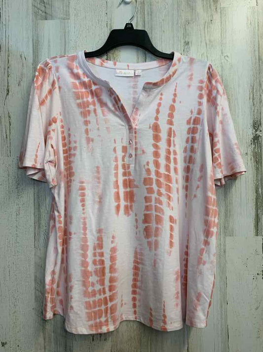 BELLE KIM GRAVEL PLUS SIZES Size 1X WHT/PEACH TIE DYE SHORT SLEEVES TOP