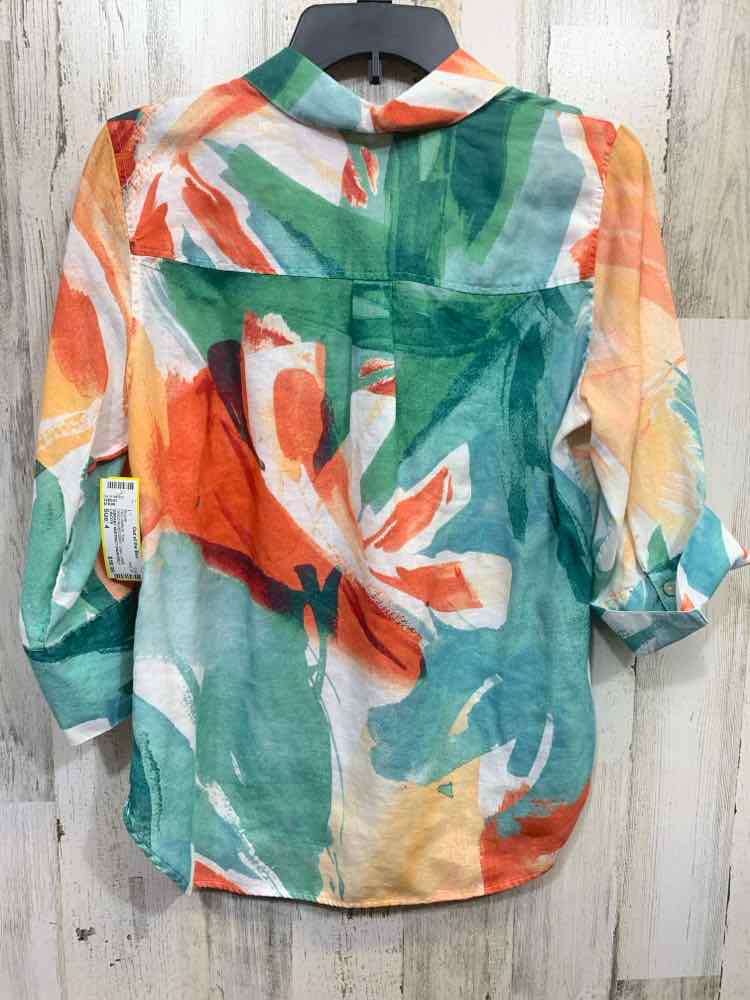 PRE-OWNED CHICO'S/VIBRANT ABSTRACT PAINTERLY PRINT LINEN BUTTON-UP