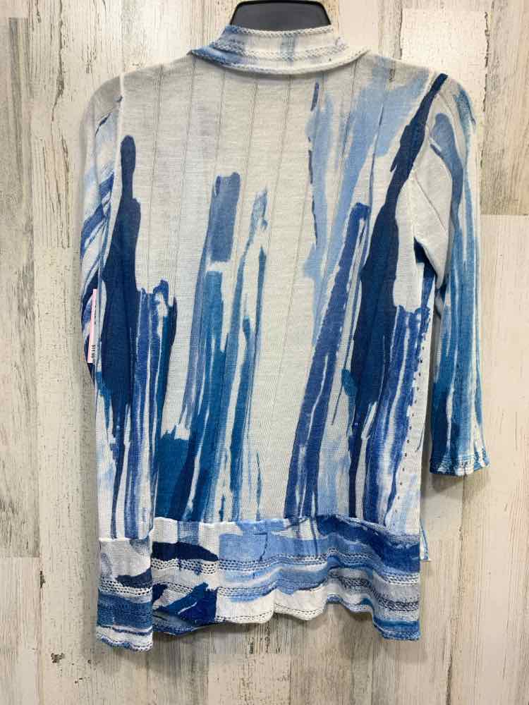 PRE-OWNED MONA LEAH Tops Size M WHITE/BLUE WATER COLORS CARDIGAN Cardigan/WHITE/