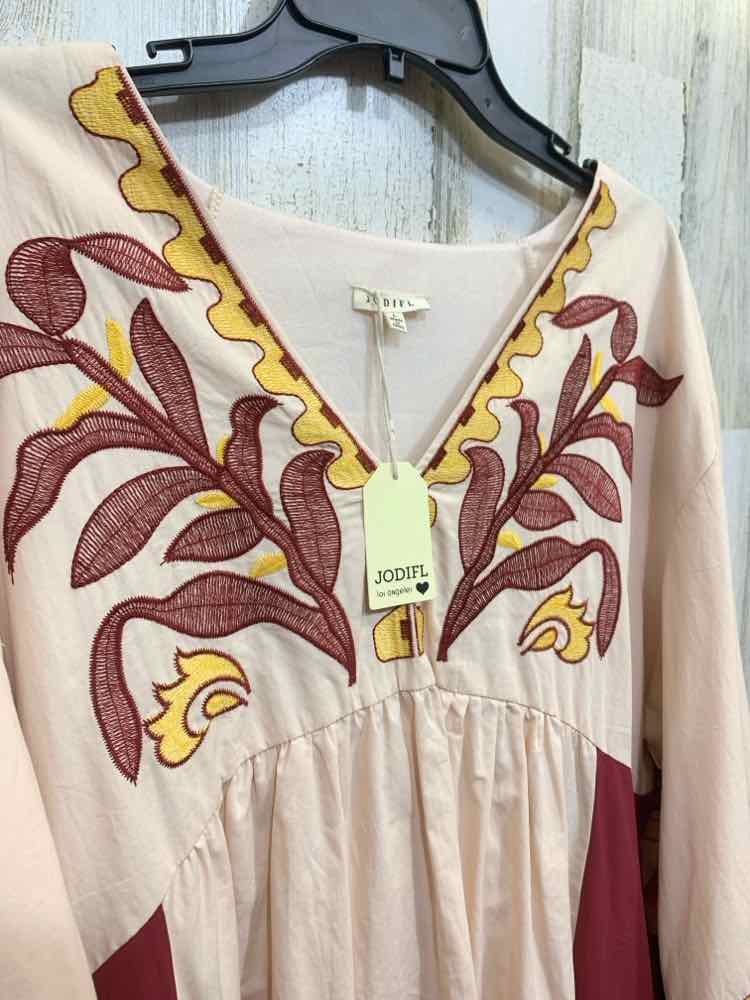 NWT JODIFL Size M Dresses CREAM/YELLOW/BURGUNDY EMBROIDERED BELL SLEEVES DRESS