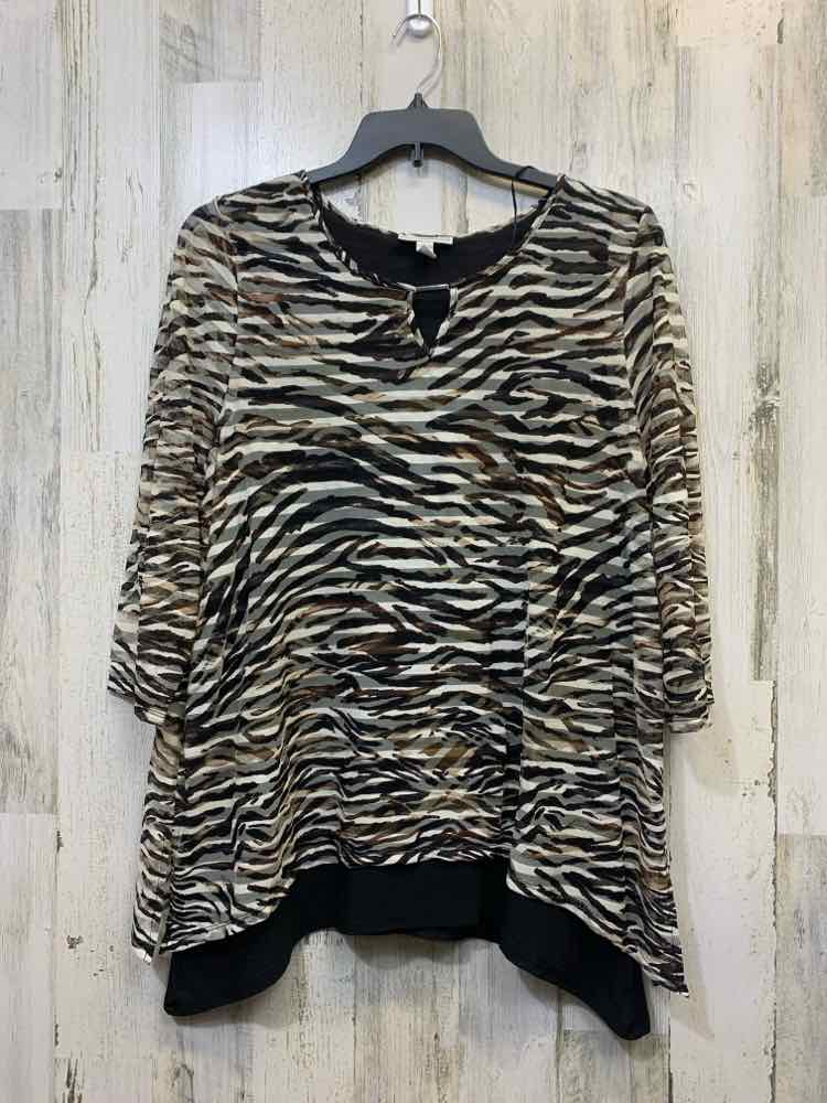 PRE-OWNED DANA BUCHMAN Tops Size XL BROWN/WHT ZEBRA 3/4 LENGTH TOP/SHEER ZEBRA T