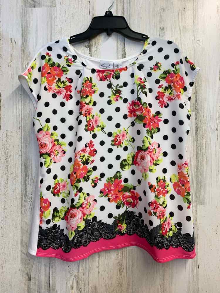 PRE-OWNED KIM ROGERS Tops Size L WHT/MULTI DOTS/FLORAL SHORT SLEEVES TOP