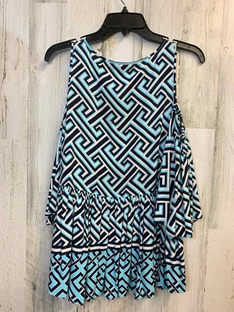 PRE-OWNED CROWN & IVY Tops Size M NVY/WHT/BLU ZIG ZAG COLD SHOULDERS TOP