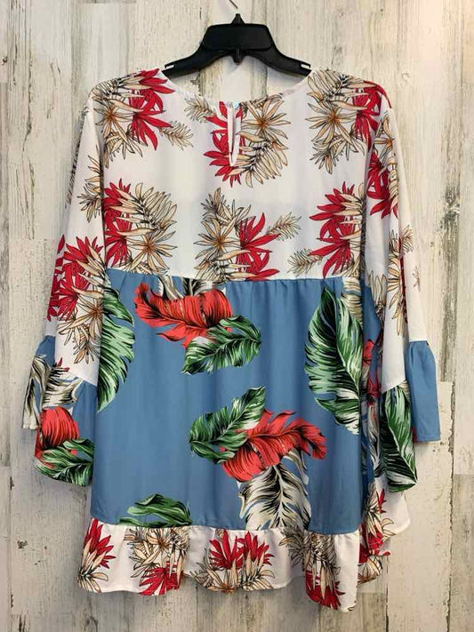 SUZANNE BETRO PLUS SIZES Size 4X WHT/SLATE BLU/TAN/GRN/RED TROPICAL LEAVES TOP