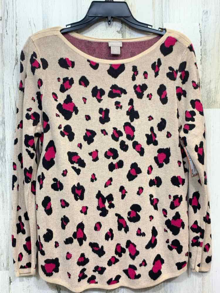 PRE-OWNED CHICOS Tops Size 2 BEIGE/BLACK/FUCHSIA CHEETAH SWEATER Sweater/BEIGE/B