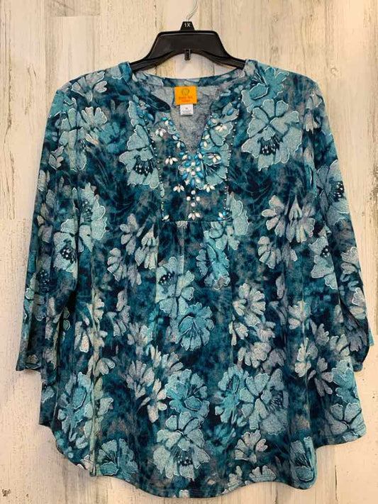 RUBY RD PLUS SIZES Size 1X TEAL/WHT Floral 3/4 LENGTH TOP
