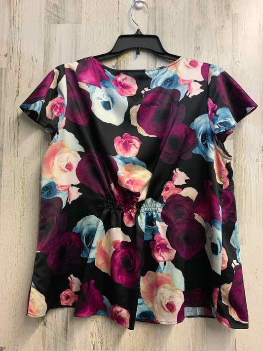 TAHARI PLUS SIZES Size 1X BLK/PUR/BLU ROSES CAP SLEEVE TOP