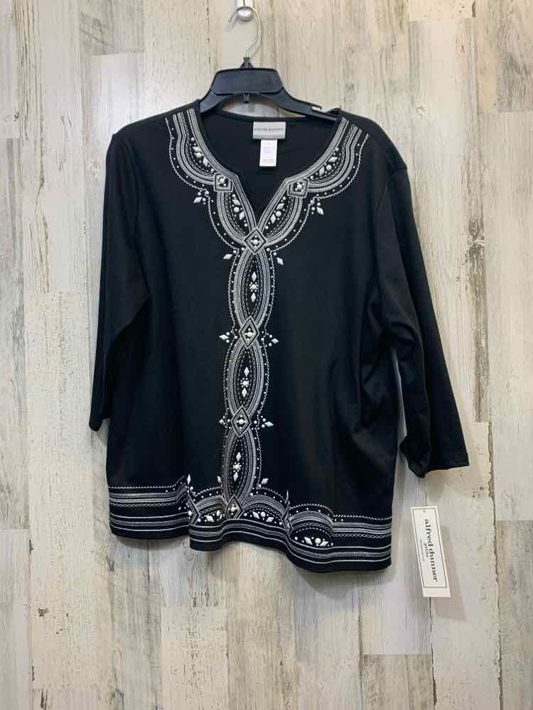 NWT ALFRED DUNNER Tops Size PXL Black 3/4 SLEEVE TOP/WHITE EMBROIDERY W/BEADS