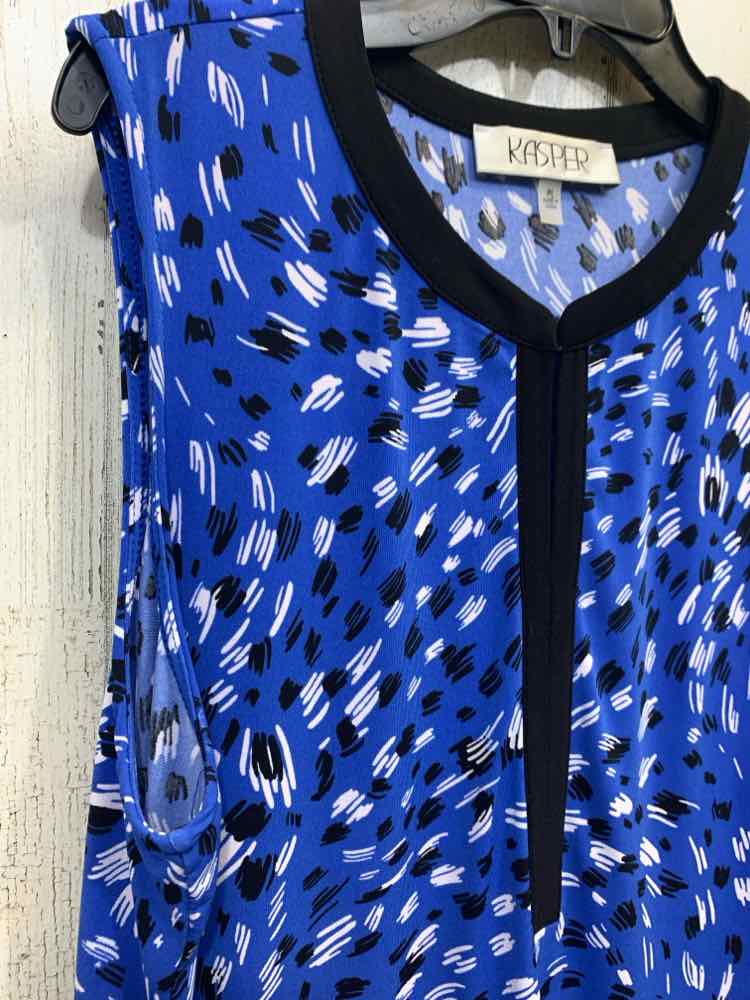 PRE-OWNED KASPER Tops Size PL BLUE/WHITE/BLACK DASHES SLEEVELESS Blouse/BLUE/WHI