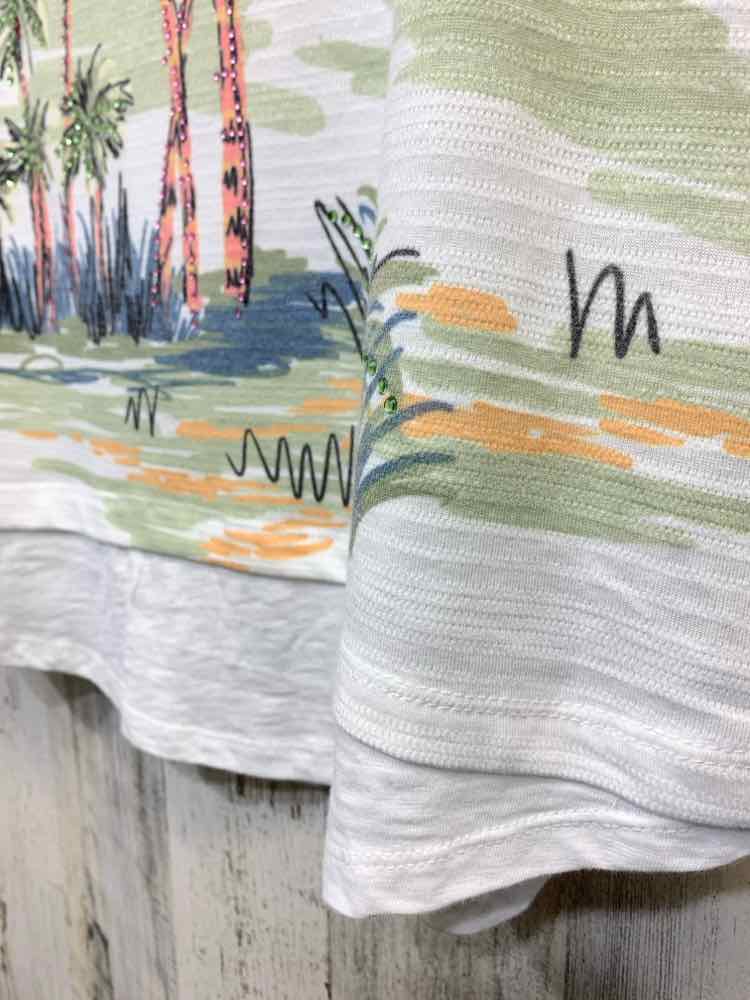 NWT THOMAS & OLIVIA Size L WHT/OLV PALM TREES SHORT SLEEVES/SCOOP NECK Blouse