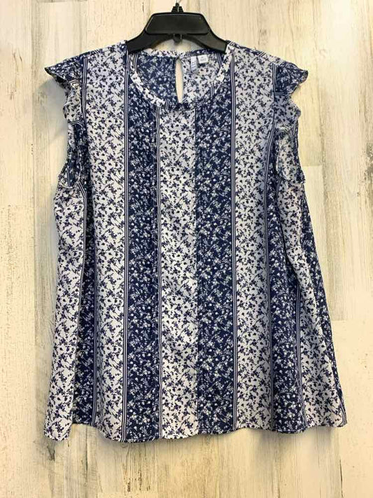 PRE-OWNED ELLE Tops Size XL BLUE/WHITE Floral SLEEVELESS TOP/NAVY BLUE & WHITE F