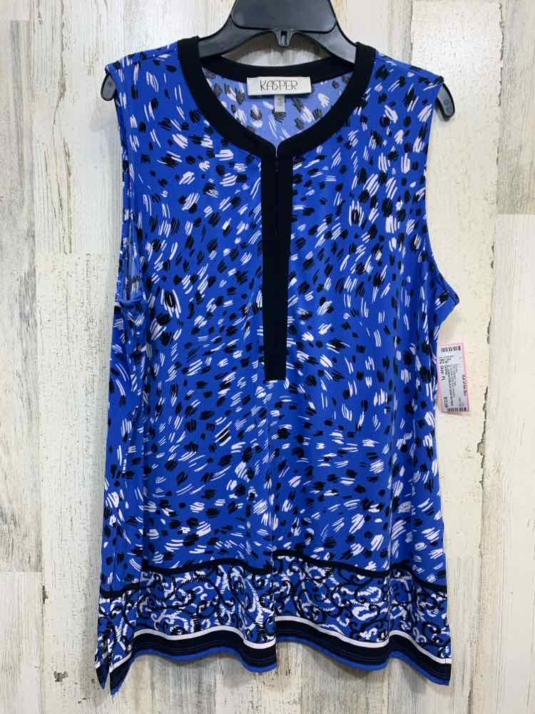 PRE-OWNED KASPER Tops Size PL BLUE/WHITE/BLACK DASHES SLEEVELESS Blouse/BLUE/WHI