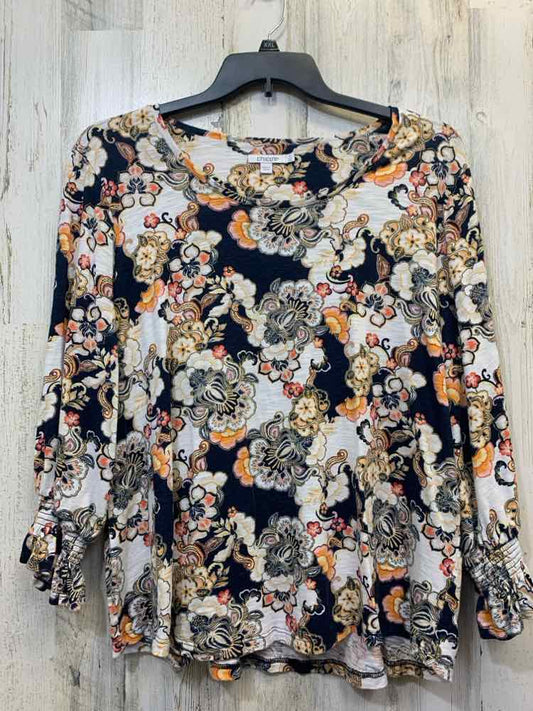 PRE-OWNED CHICO'S Tops Size XXL WHT/NVY/ORNG/GRN Floral 3/4 SLEEVE TOP