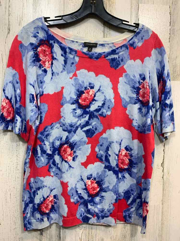 PRE-OWNED TALBOTS Tops Size M RED/BLU Floral SHORT SLEEVES Shirt/RED/BLUE FLORAL