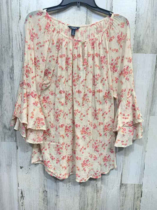 PRE-OWNED CHAPS Tops Size L BEIGE/MULTI Floral 3/4 SLEEVE TOP/BUTTON NECK W/RUFF