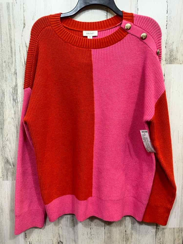 NWOT ON 34TH Size XL RED/PNK RIB KNIT LONG SLEEVE/SHOULDER GOLD BUTTONS SWEATER