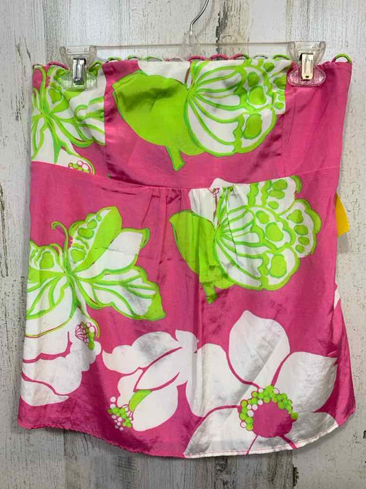 PRE-OWNED LILLY PULITZER  Size 4 WHT/GRN/PNK Floral STRAPLESSW/SCALLOPED TRIM