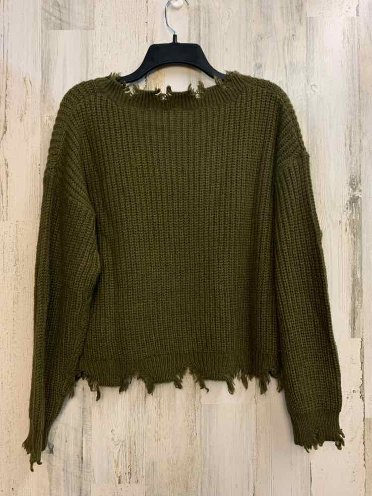 PRE-OWNED DEREK HEART Tops Size L Olive LONG SLEEVES TOP/DISTRESSED V-NECK