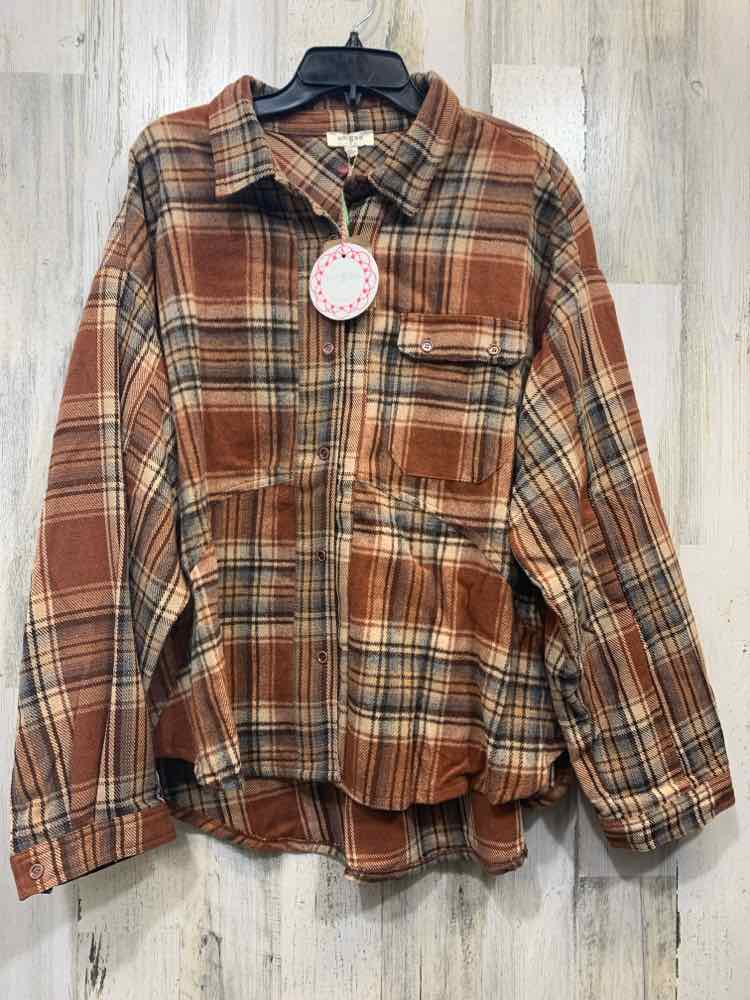 NWT UMGEE Tops Size L LGHT/DARK BROWN & GRAY Plaid BUTTON DOWN Shirt/PLAID BUTTO