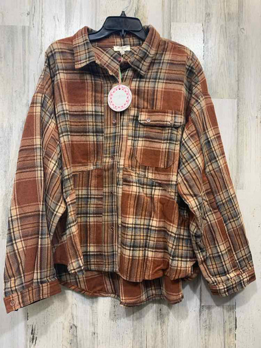 NWT UMGEE Tops Size L LGHT/DARK BROWN & GRAY Plaid BUTTON DOWN Shirt/PLAID BUTTO