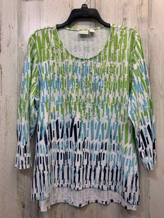 PRE-OWNED WEEKEND Tops Size 3 GREEN/BLUE/WHITE RECTANGLES LONG SLEEVES TOP/GREEN