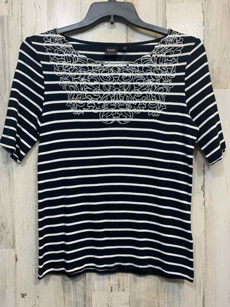 NWT RAFAELLA Tops Size M BLK/WHT Stripe 3/4 SLEEVE TOP/EMBROIDERED COLLAR