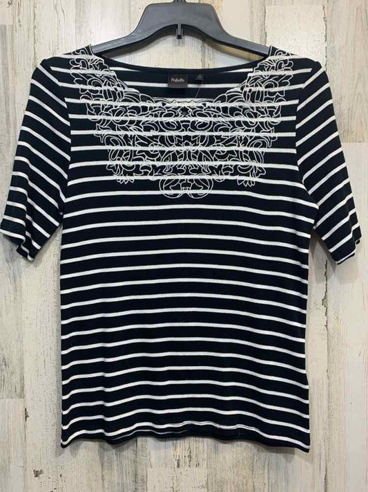 NWT RAFAELLA Tops Size M BLK/WHT Stripe 3/4 SLEEVE TOP/EMBROIDERED COLLAR