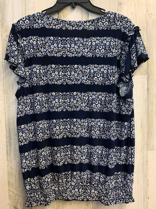 NWT TOMMY HILFIGER Tops Size L Navy PATTERNED STRIPE RUFFLE SLEEVE TOP