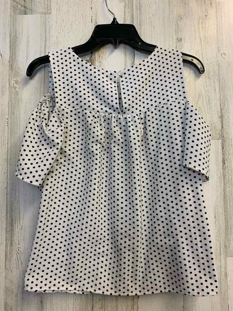 PRE-OWNED MONTEAU Tops Size L WHT/BLK Polka Dot RUFFLE SLEEVE TOP