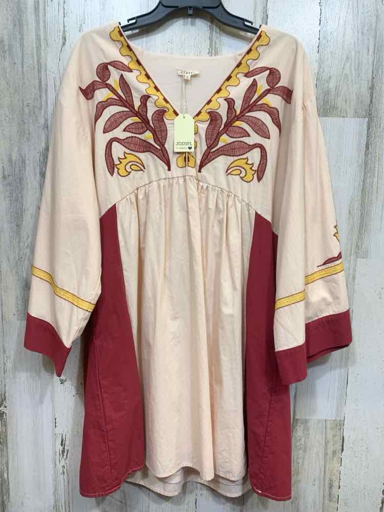 NWT JODIFL Size M Dresses CREAM/YELLOW/BURGUNDY EMBROIDERED BELL SLEEVES DRESS