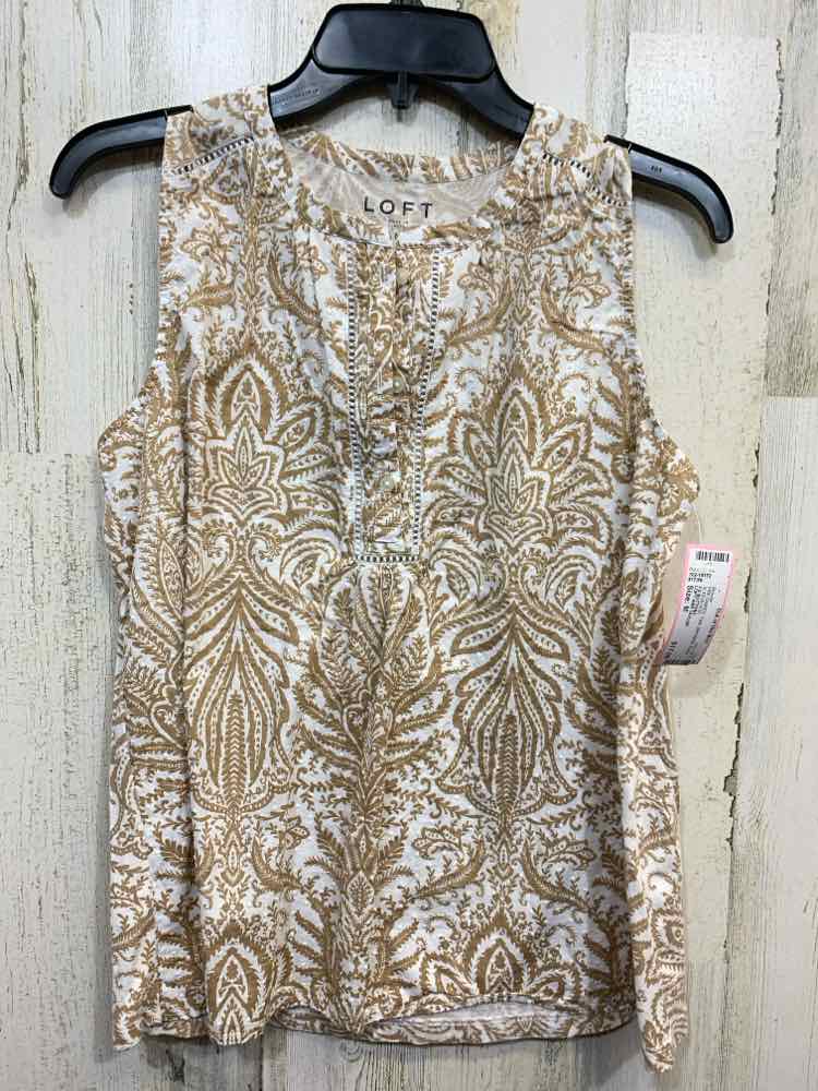 PRE-OWNED LOFT ANN TAYLOR Tops Size M WHT/BRN Floral SLEEVELESS Blouse/1/2 BUTTO