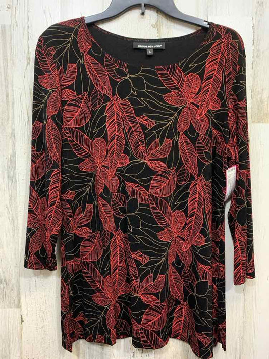 PRE-OWNED BRIGGS Tops Size L BLACK/RED TROPICAL LONG SLEEVE Shirt/BLACK/RED/BEIG