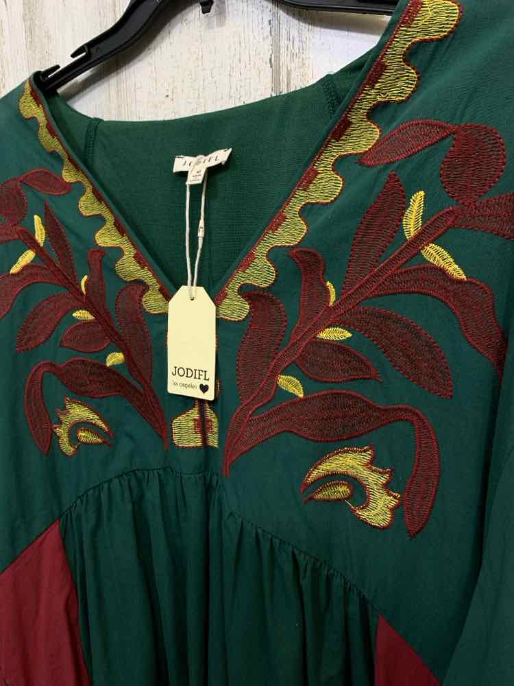 NWT JODIFL Size L Dresses CREAM/YELLOW/BURGUNDY EMBROIDERED BELL SLEEVES DRESS