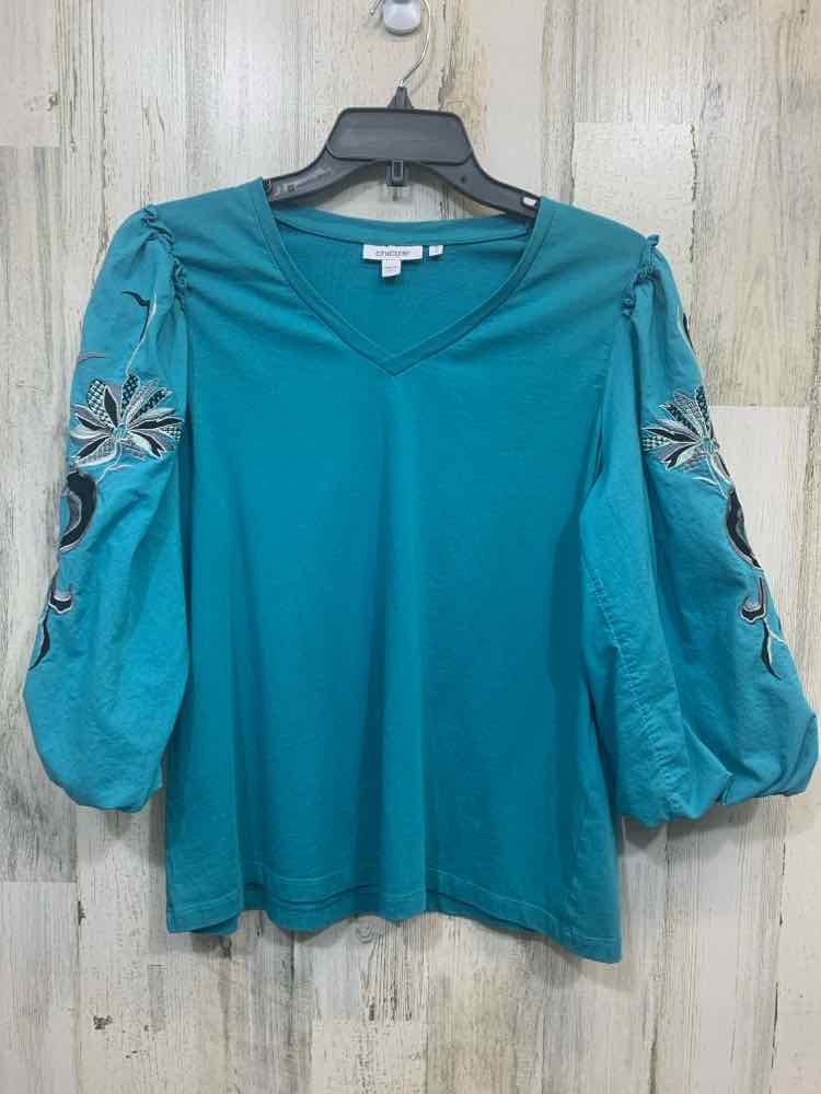 PRE-OWNED CHICO'S Tops Size S TEAL/BLK/WHT Floral VNECK Blouse