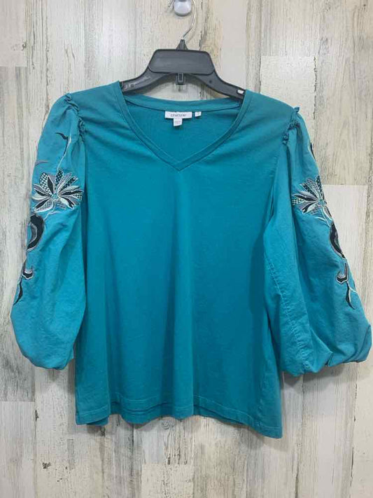 PRE-OWNED CHICO'S Tops Size S TEAL/BLK/WHT Floral VNECK Blouse