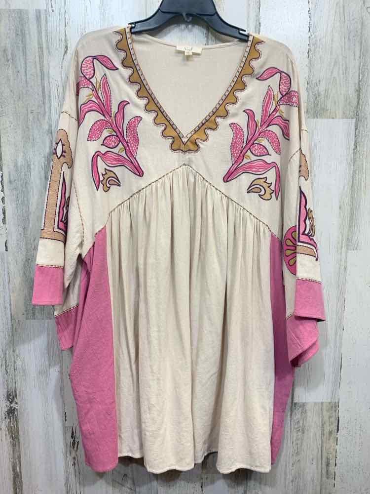 PRE-OWNED EASEL Tops Size L CREAM/PURPLE/TAN/PINK STEM W/ LEAVES TUNIC TUNIC/FLO