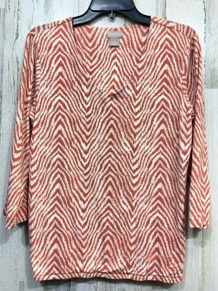 PRE-OWNED CHICO'S Size 1 Tops CRM/PEACH CHEVRON 3/4 SLEEVE V NECK BLOUSE