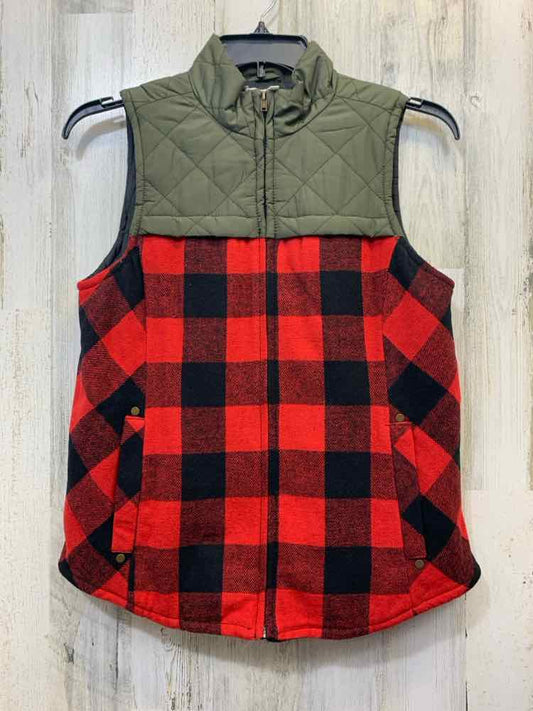 PRE-OWNED MAURICES Tops Size M OLIVE/RED/BLACK Plaid VEST Vest/OLIVE VEST W/ RED
