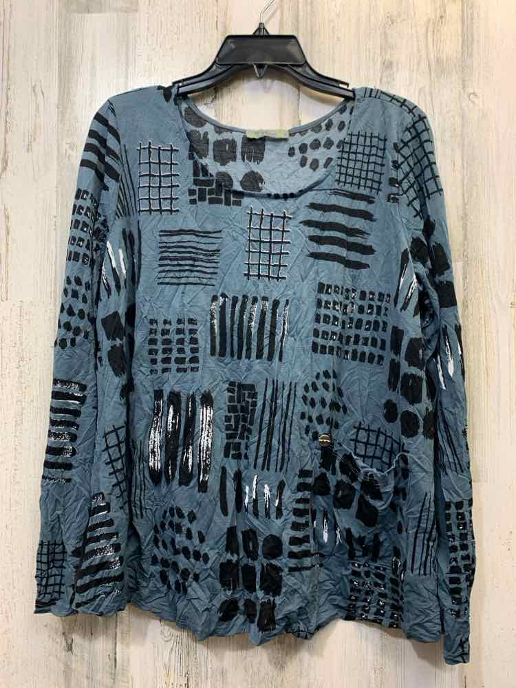 CHALET ET CECE Tops Size L BLU/BLK ELASTIC LONG SLEEVES TOPSTROKES & SQUARES PKT