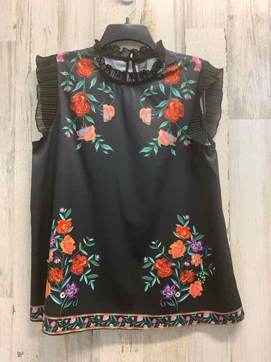 PRE-OWNED EMORY ROSE Tops Size L BLACK/RED/GREEN/PINK/ORANGE Floral Blouse/FLORA