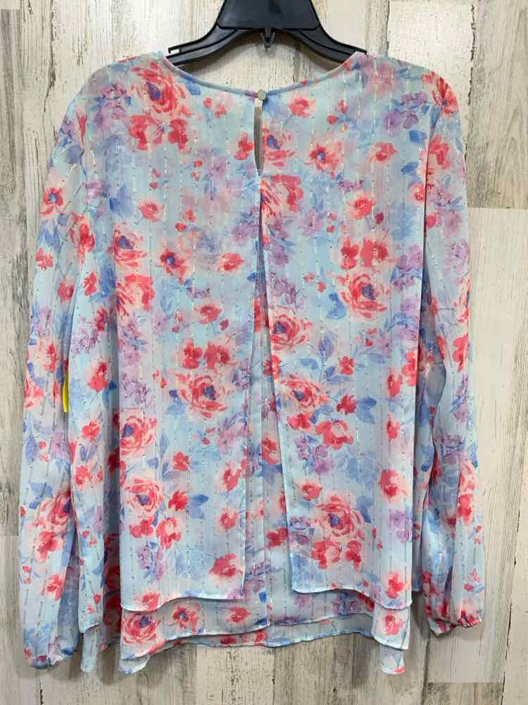 PRE-OWNED ANNE KLEIN Tops Size XL BLUE/PINK/LVDR/SILVER Floral Blouse/FLORAL LON