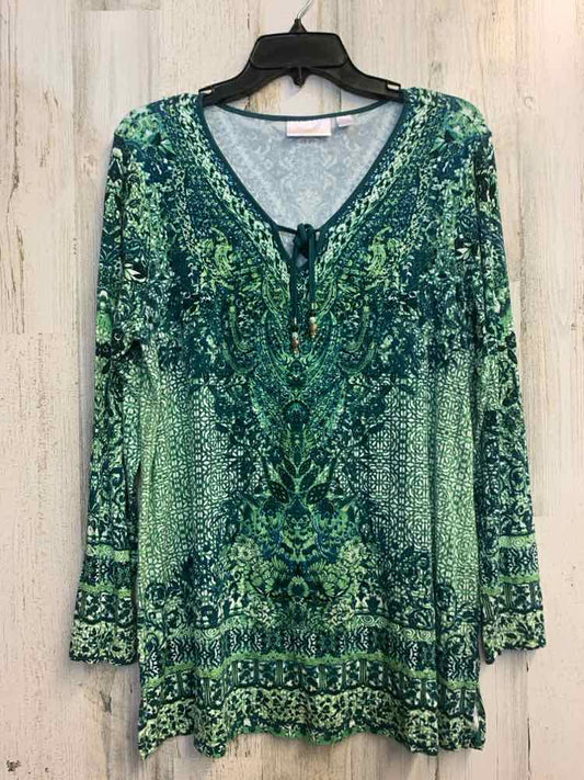 BELLE KIM GRAVEL Tops Size M GRN/LT GRN FLORAL/PAISLEY LONG SLEEVES TOP