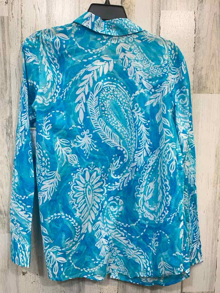PRE-OWNED TALBOTS Tops Size M WHT/BLU FERNS 3/4 SLEEVE BUTTON UP Shirt