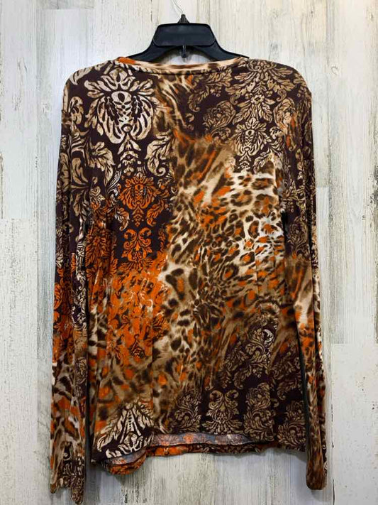 PRE-OWNED JONES NEW YORK Tops Size L ORANGE/BROWN CHEETAH/LEAVES TOP/LONG SLEEVE