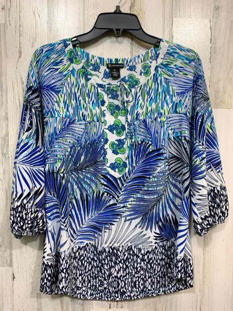 PRE-OWNED NEW DIRECTIONS Tops Size PL BLU/WHT/BLK PALM TREES 3/4 SLEEVE Blouse