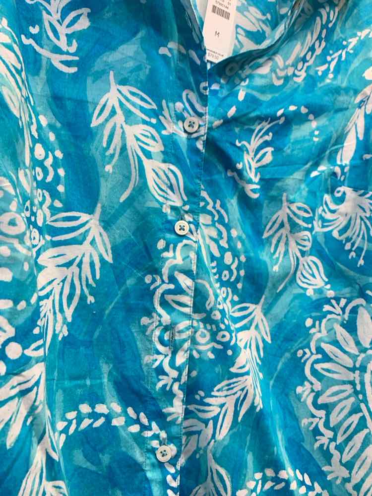 PRE-OWNED TALBOTS Tops Size M WHT/BLU FERNS 3/4 SLEEVE BUTTON UP Shirt